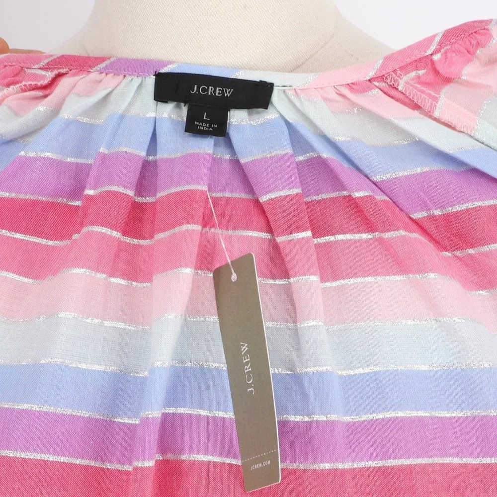 NWT J. Crew Peasant Top in Metallic Pastel Stripe Front Tassel Tie Size L